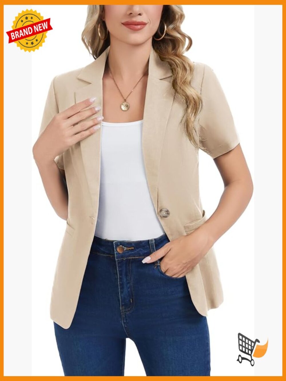 Short Sleeve Notch Collar One Button Blazer Cotton Linen Blend Casual Work